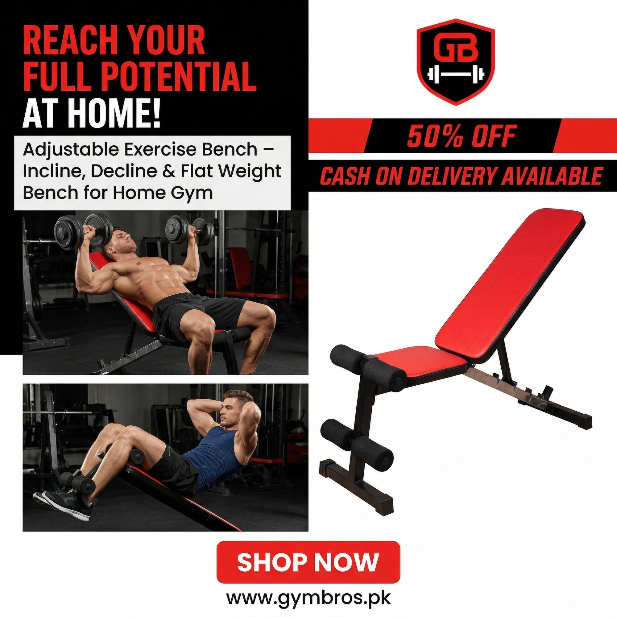 Adjustable Exercise Bench – Incline, Decline & Flat Weight Bench for H