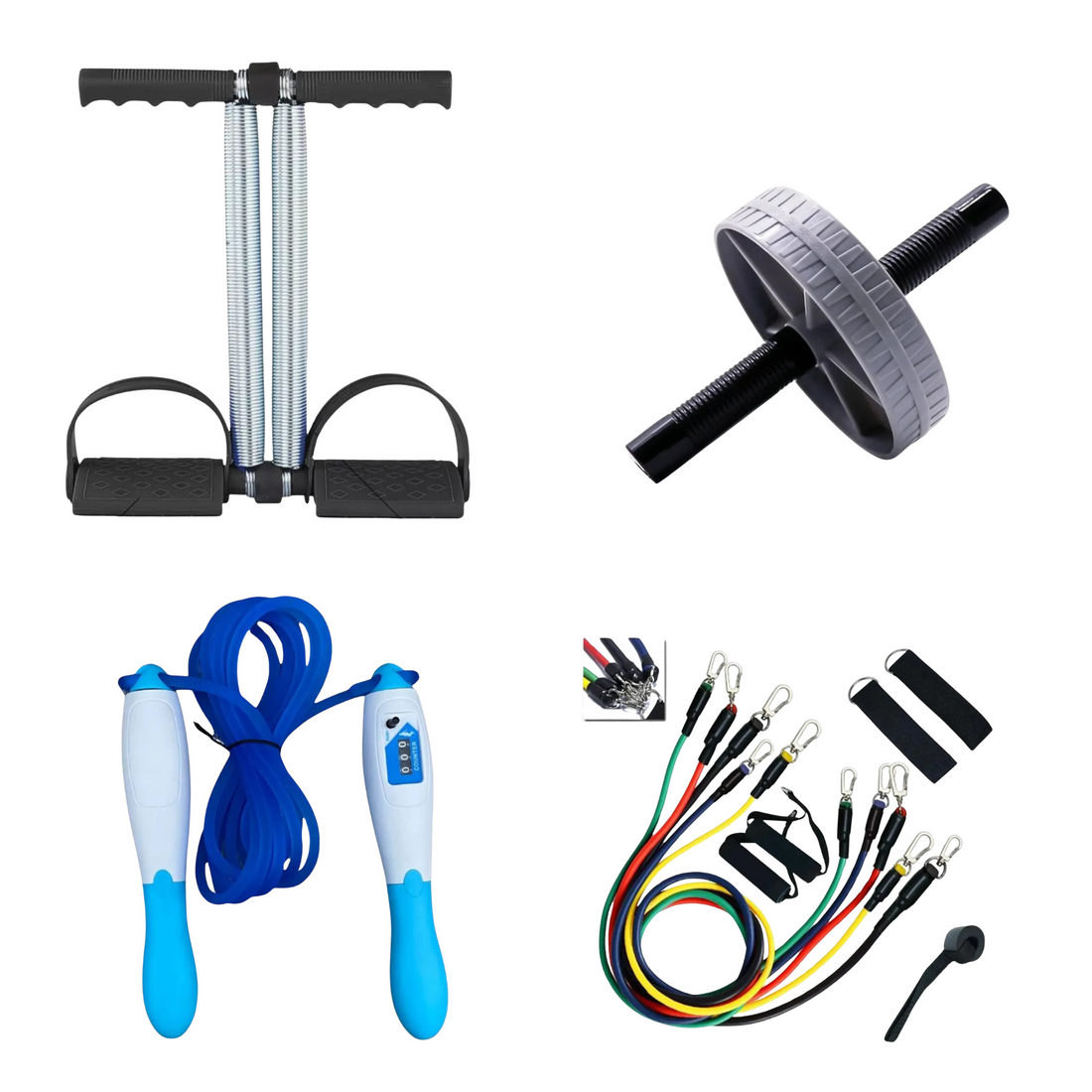 Beginner Home Fitness Starter Bundle – Resistance Bands, Ab Roller Wheel, Digital Jump Rope & Double Spring Tummy Trimmer for Full Body Home Workout