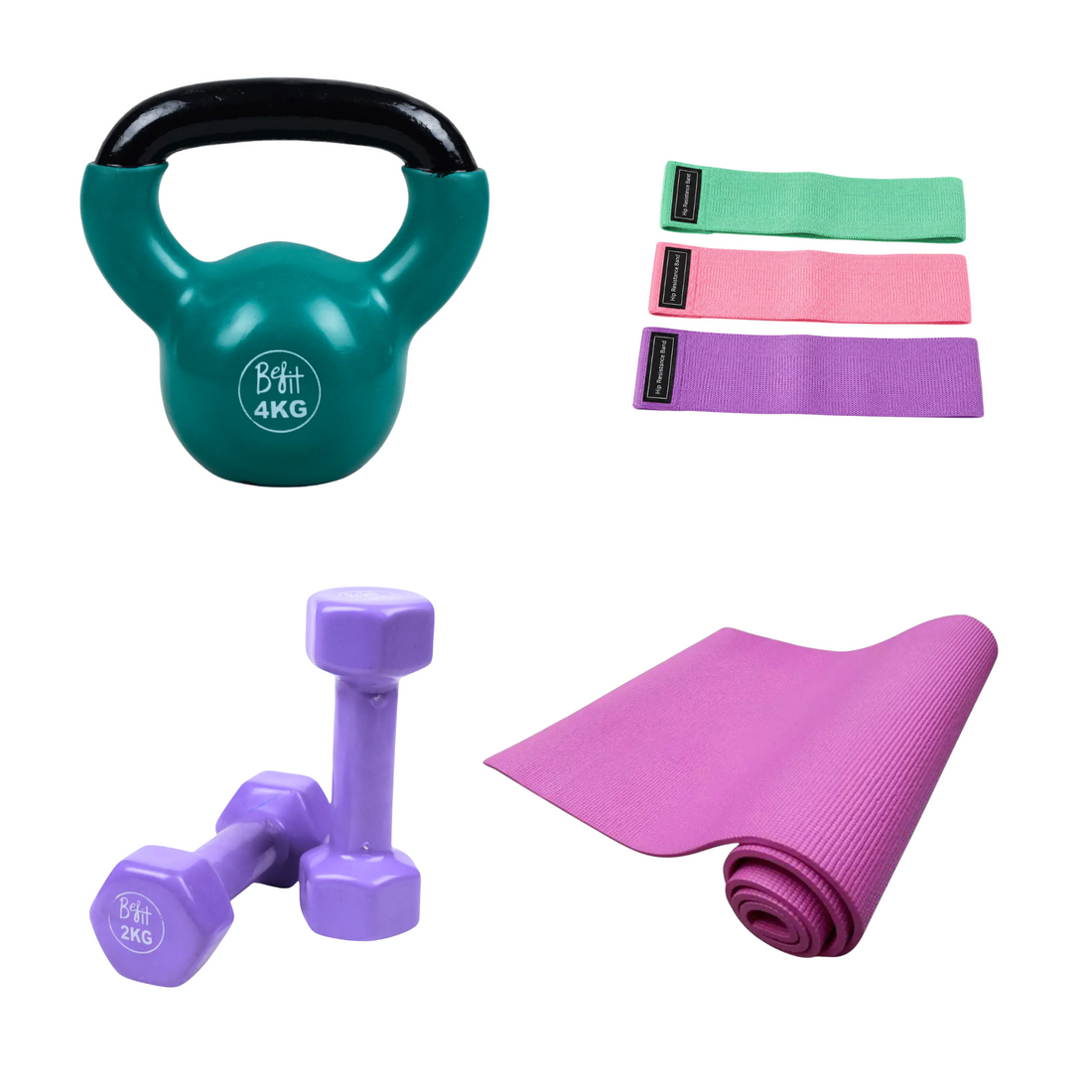 Women’s Full Body Tone & Sculpt Bundle – Yoga Mat, Fabric Hip Bands, 2KG Dumbbells Pair & 4KG Kettlebell for Home Workout