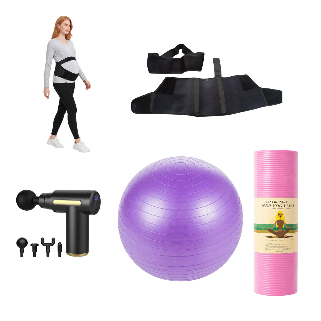 Pregnancy Comfort & Support Bundle – Maternity Belly Support Belt, 15mm NBR Yoga Mat, 100CM Exercise Ball & Massage Gun