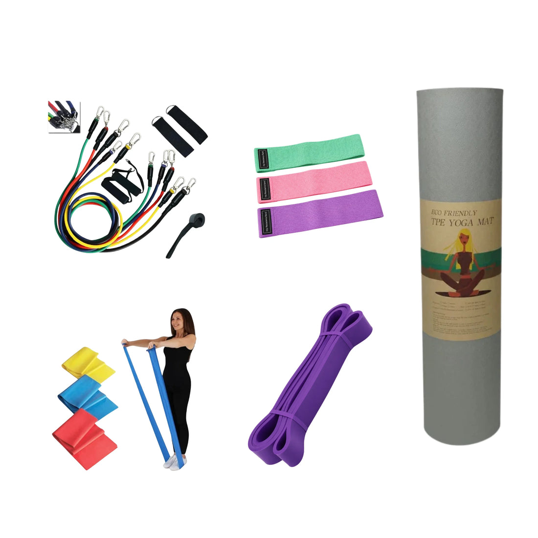 Complete Home Resistance & Yoga Workout Bundle – 11 Piece Resistance Bands Set, Thera Bands, Fabric Hip Bands, 32MM Loop Band & 10mm TPE Yoga Mat for Full Body Training