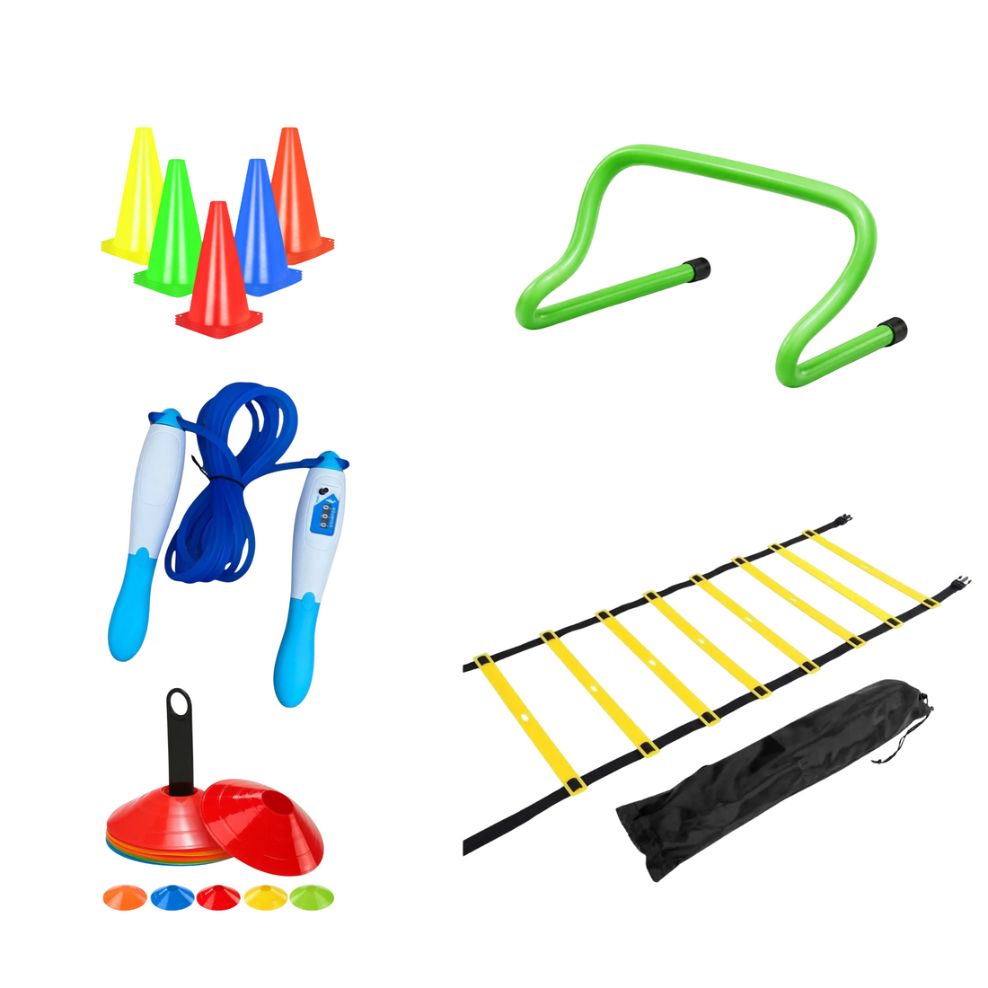 Athlete Speed & Footwork Training Bundle – 4M Agility Ladder, Disc Cones, 9-Inch Training Cones, 16-Inch Hurdle & Digital Jump Rope