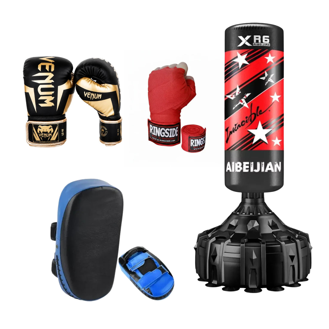 Elite Boxing & Kickboxing Training Bundle – 5FT Free Standing Punching Bag, Boxing Gloves, Hand Wraps & Kick Pads for MMA Training