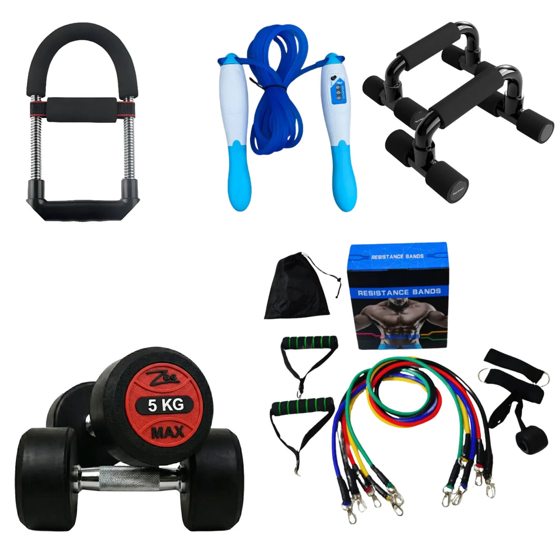 Complete Home Fitness Starter Bundle – Resistance Bands, 5KG Dumbbells, Jump Rope, Wrist Exerciser & Push Up Bars