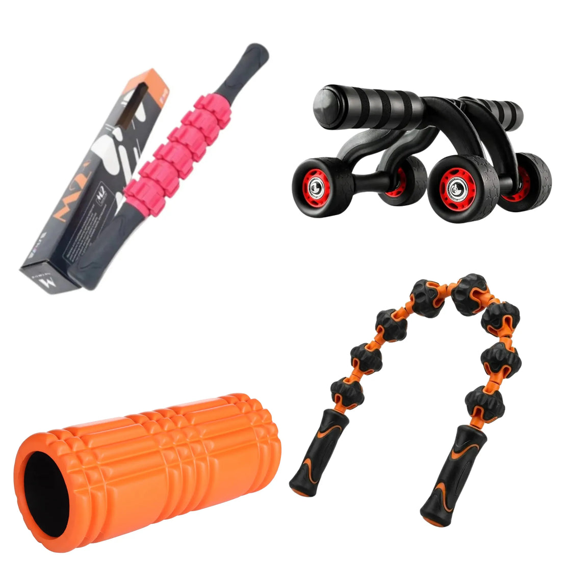 Recovery & Core Strength Bundle – Massage Roller Rope, Massage Stick, Yoga Grid Roller & 4-Wheel Ab Roller