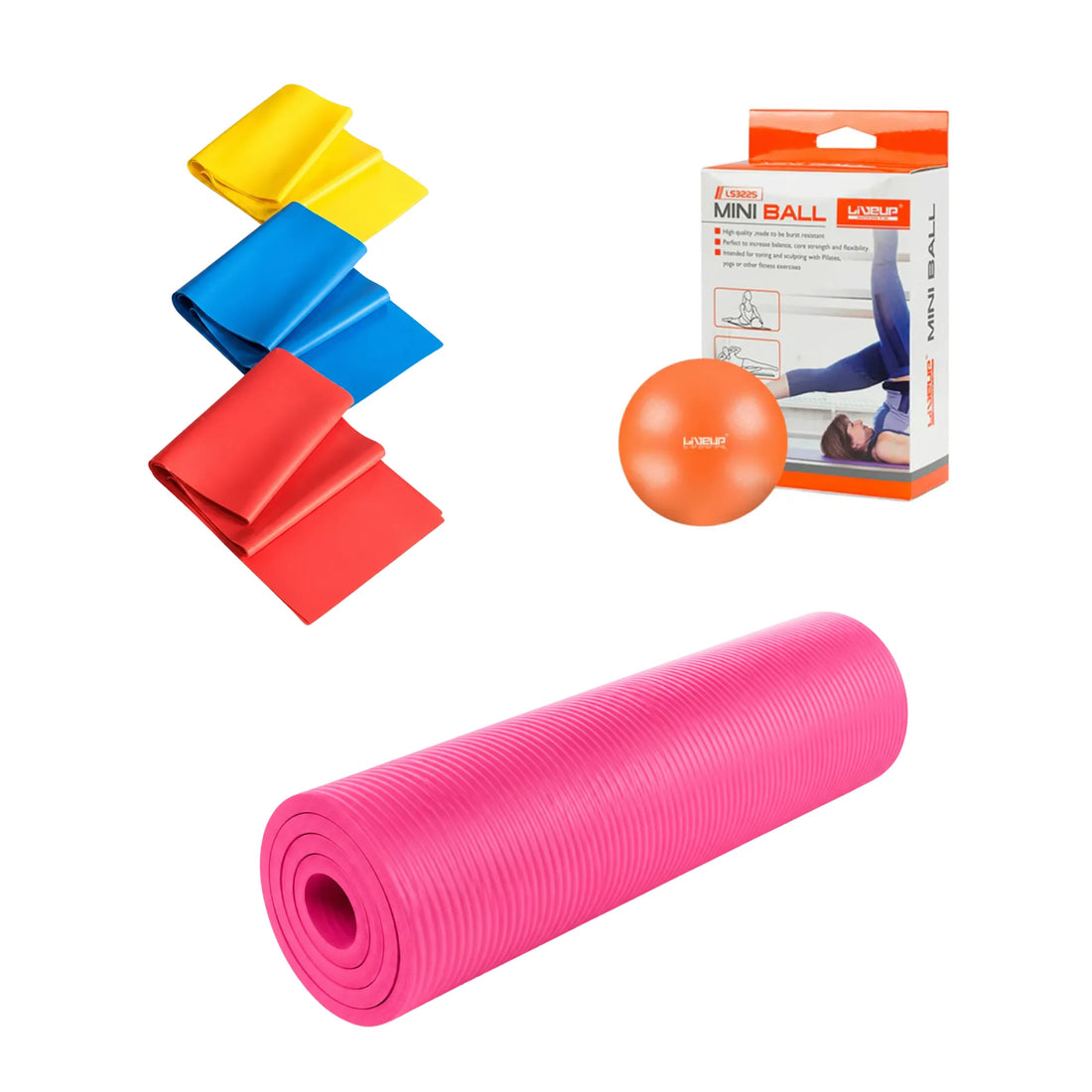 Yoga, Pilates & Flexibility Bundle – Thera Bands, LIVEUP Pilates Ball 20cm & 10mm Yoga Mat