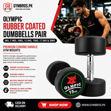 Olympic Rubber Coated Dumbbells Pair – 5KG, 7.5KG, 10KG, 12.5KG, 15KG, 17.5KG & 20KG | Premium Chrome Handle Gym Weights