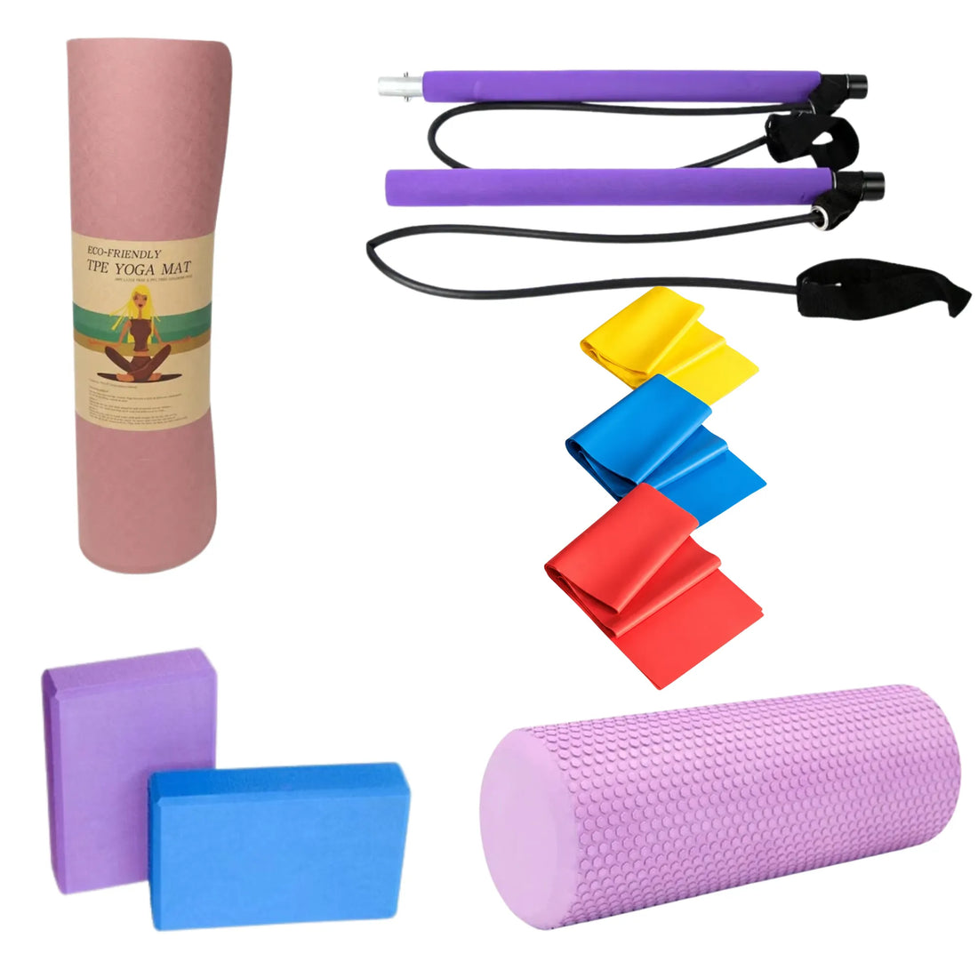 Premium Yoga, Pilates & Flexibility Combo – 8mm TPE Yoga Mat, Foam Roller 13 inches, Pilates Bar, Yoga Bricks Pair & Pack of 3 Thera Bands