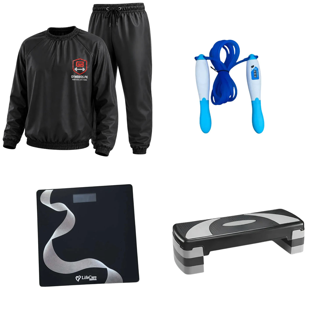 Cardio Fat Loss Bundle – Elite Sauna Suit, AD-220 Digital Jump Rope, Aerobic Stepper & LifeCare Weight Scale