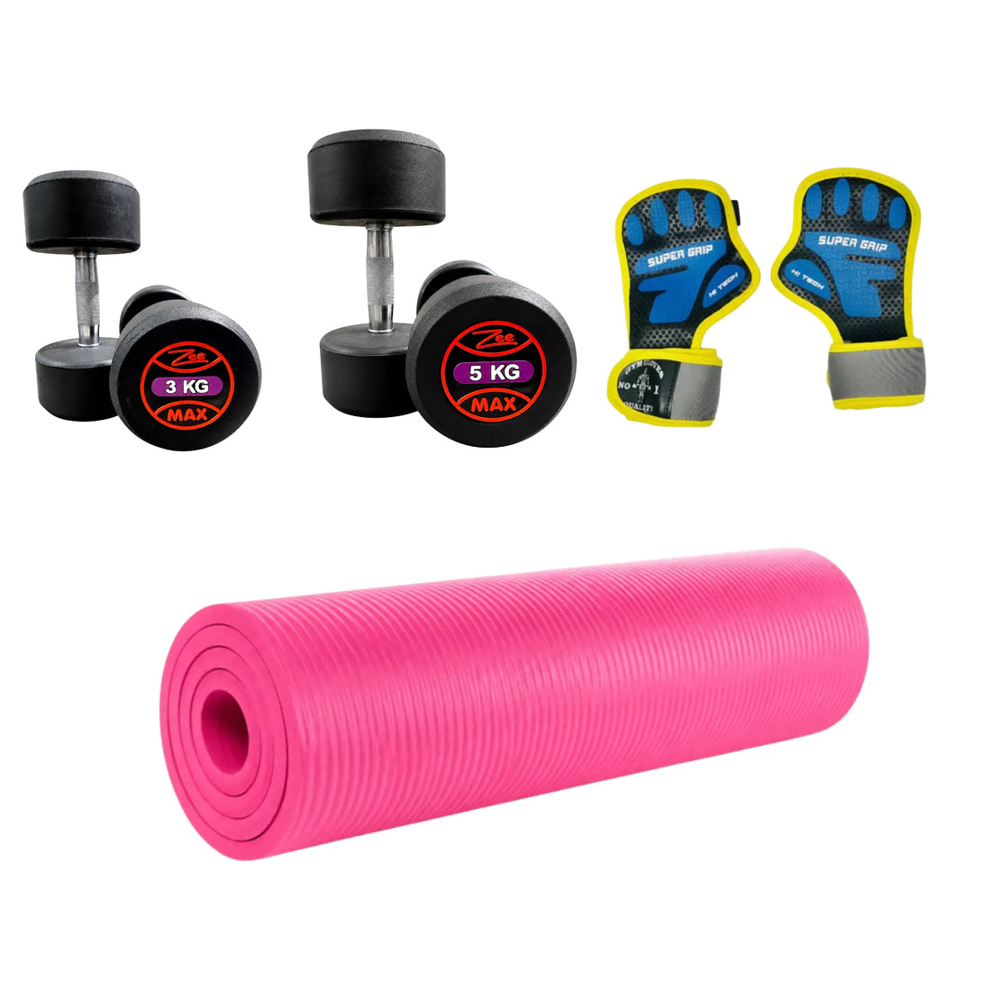 Dumbbell Starter Strength Bundle – ZEE MAX 3KG & 5KG Dumbbells, Gym Gloves & 10mm Yoga Mat