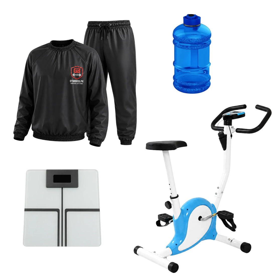 Exercise Cycle Weight Loss Bundle – Home Workout Bike, Elite Sauna Suit, Digital Weight Scale & 2.2L Gym Bottle