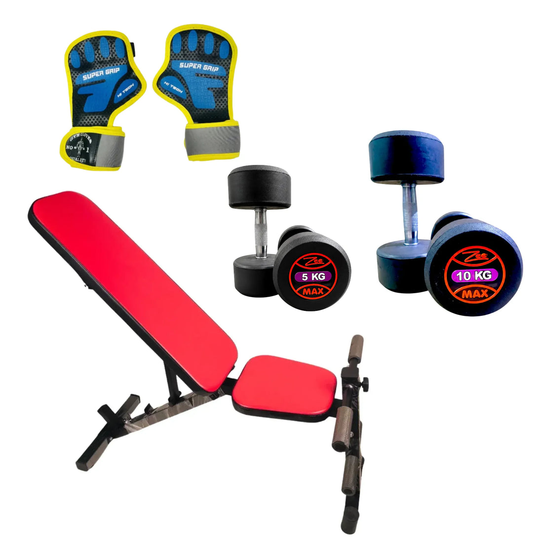Bench + Dumbbell Home Gym Bundle – Adjustable Exercise Bench, ZEE MAX 5KG & 10KG Dumbbells Pair & Gym Gloves