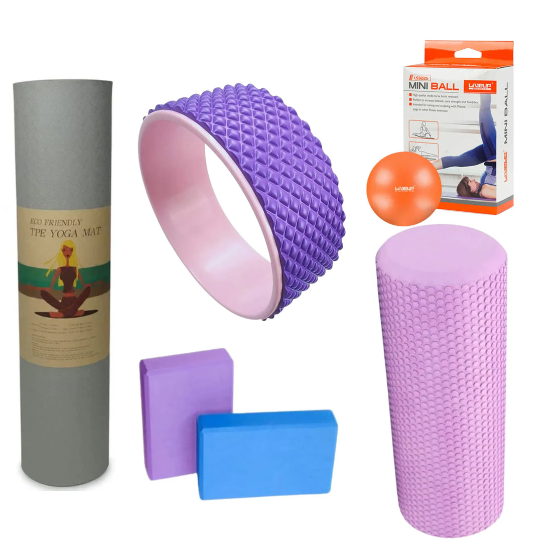 Women Yoga & Flexibility Bundle – 10mm TPE Yoga Mat, Pilates Ball 25cm, Yoga Bricks Pair, Yoga Ring & 18 inches Yoga Foam Roller