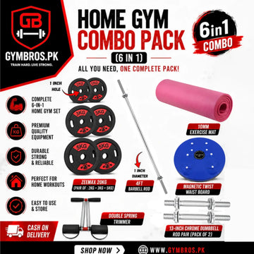 Home Gym Combo Pack 6 in 1 – 4ft Barbell Rod (1 Inch), ZEEMAX 20KG Weight Plates- (1 Inch hole - 2KG+3KG+5KG Pair), 13-Inch Chrome Dumbbell Rod Pair, 10mm Yoga Mat, Magnetic Twist Waist Board & Double Spring Tummy Trimmer | Complete Home Workout Set