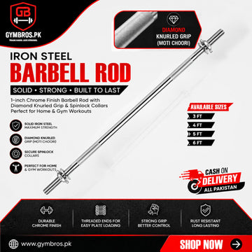 Iron Steel Barbell Rod (3ft, 4ft, 5ft, 6ft) | 1-Inch Chrome Finish Solid Weight Lifting Bar with Diamond Knurled Grip (Moti Choori), Spinlock Collars for Home & Gym