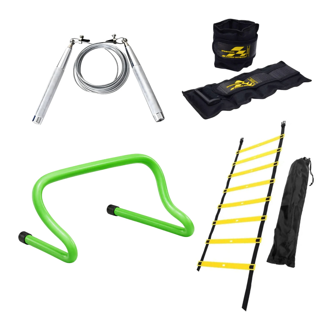 Complete Athlete Performance Kit – 4m Agility Ladder, 16 Inch Hurdles (3 pcs), Premium Jump Rope & 1KG Ankle/Wrist Weights