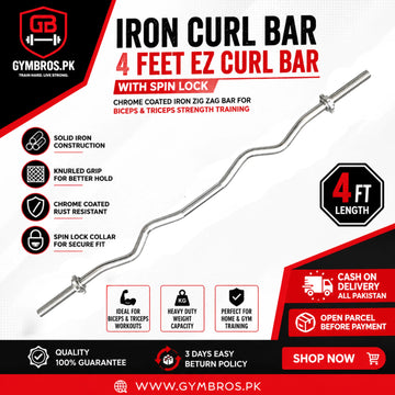 Iron Curl Bar 4 Feet EZ Curl Bar with Spin Lock (Moti Choori) | 4FT EZ Curl Barbell with Spin Lock, Chrome Coated Iron Zig Zag Bar for Biceps & Triceps Strength Training