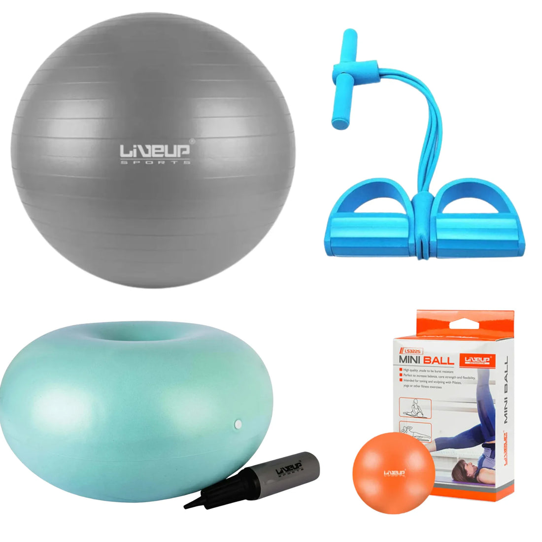 Core Ball Workout Bundle – 85CM Gym Ball, LIVEUP Donut Ball, 25CM Pilates Ball & Elastic Tummy Trimmer