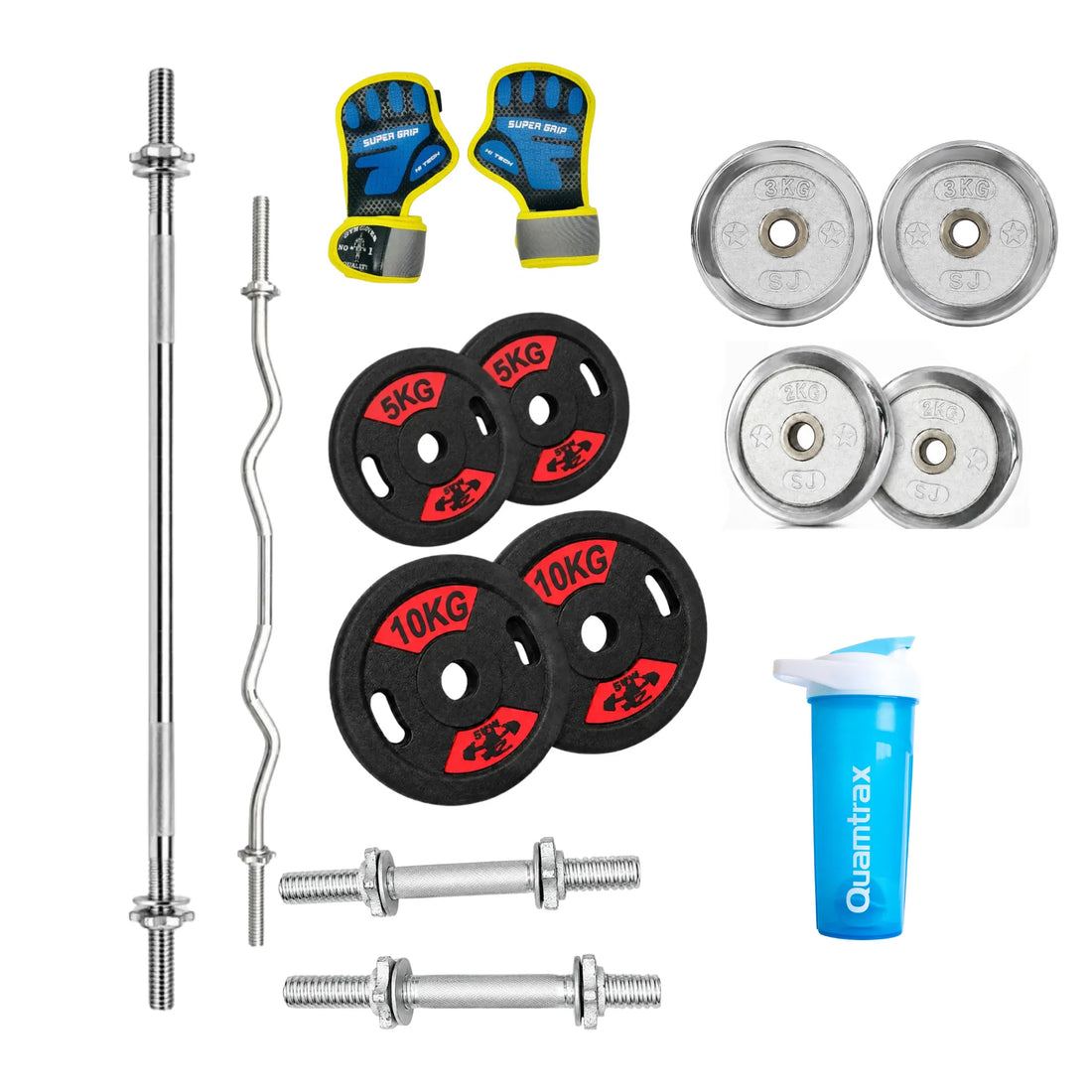 Home Gym Gold Bundle – 6FT Barbell Rod, EZ Curl Bar, ZEEMAX 5KG & 10KG Plates, Chrome 2KG & 3KG Plates, 13in Dumbbell Rods, Gloves & Water Bottle