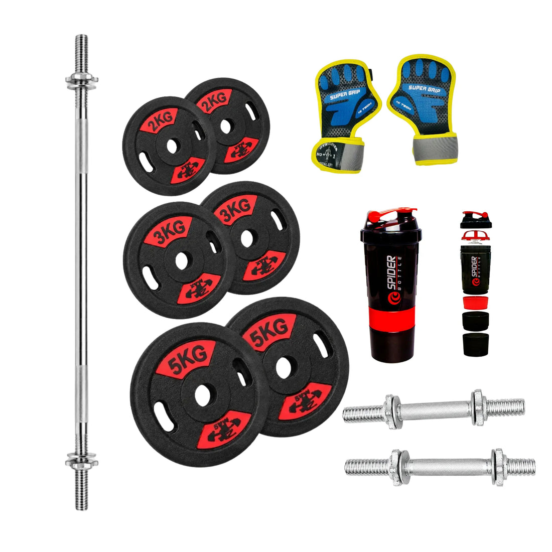 Home Gym Silver Bundle – 5FT Barbell Rod, ZEEMAX 2KG/3KG/5KG Plates, 13in Dumbbell Rods Pair, GymGloves & Spider Shaker Bottle