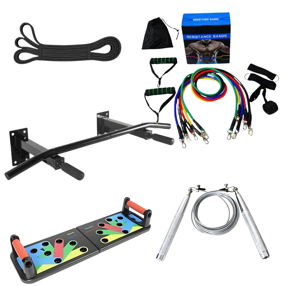 Mega Home Fitness Transformation Kit– Resistance Bands Set, Push-Up Board, Pull-Up Bar, 45MM Loop Resistance Band & Jump Rope