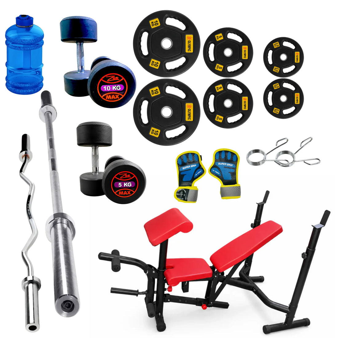 Home Gym Complete Pack Premium – XD 2400 Bench, 6FT Olympic Rod, EZ Curl Bar, 5,10kg ZEE MAX Dumbbells, 2.5, 5, 10kg Olympic Plates, Gym Gloves, Barbell Spin Locks & 2.2L Bottle