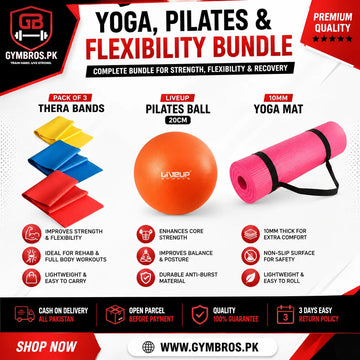 Yoga, Pilates & Flexibility Bundle – Thera Bands, LIVEUP Pilates Ball 20cm & 10mm Yoga Mat