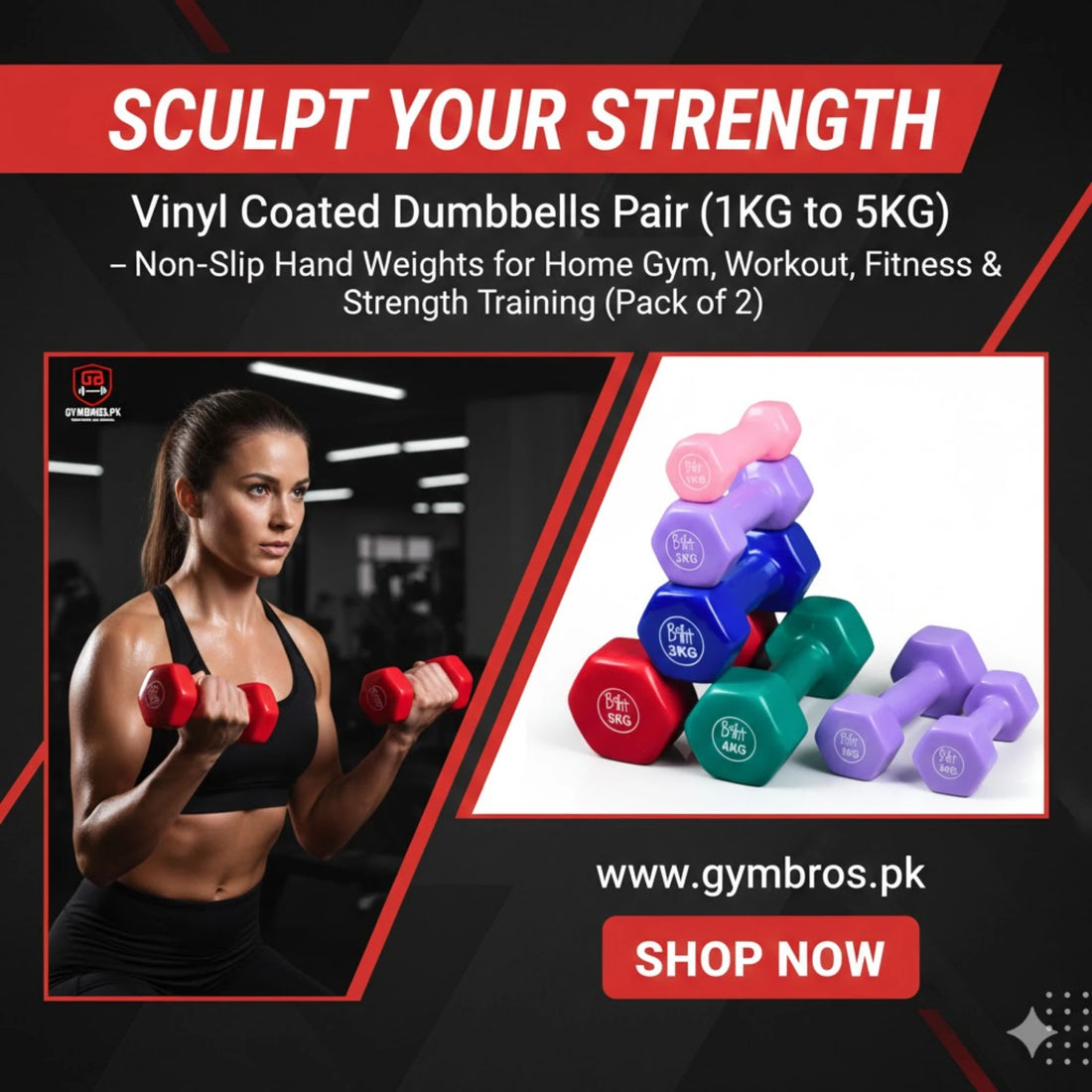 Vinyl Coated Dumbbells Pair (1KG to 5KG) – Non-Slip Hand Weights for Home Gym, Workout, Fitness & Strength Training (Pack of 2)