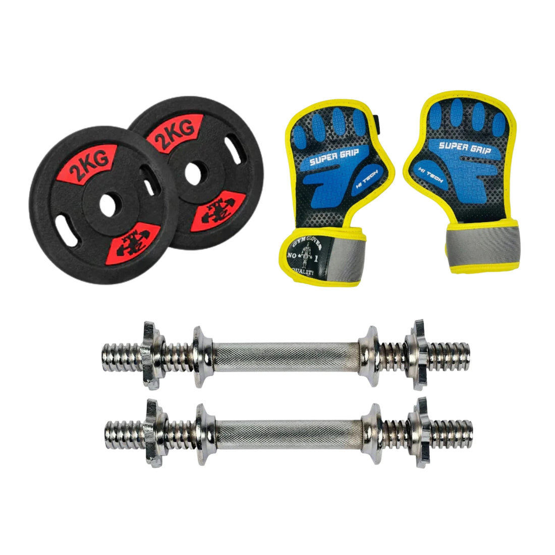 Home Dumbbell Upgrade Bundle –13 inches Dumbbell Rods, ZEEMAX 2KG Plates & Gym Gloves