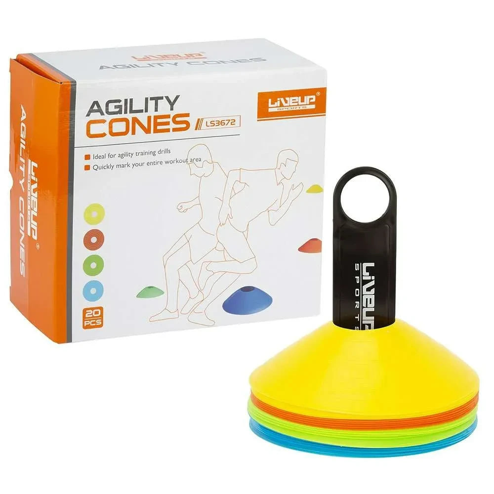 LiveUp LS3672 Agility Cones Set with Rack | 20PCS Speed & Agility Training Disc Cones Set with Rack for Football, Cricket & Fitness Drills