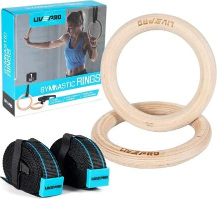 LivePro Wooden Gymnastics Rings with Nylon Straps – Pair for Calisthenics, Pull-Ups, Dips & Bodyweight Training