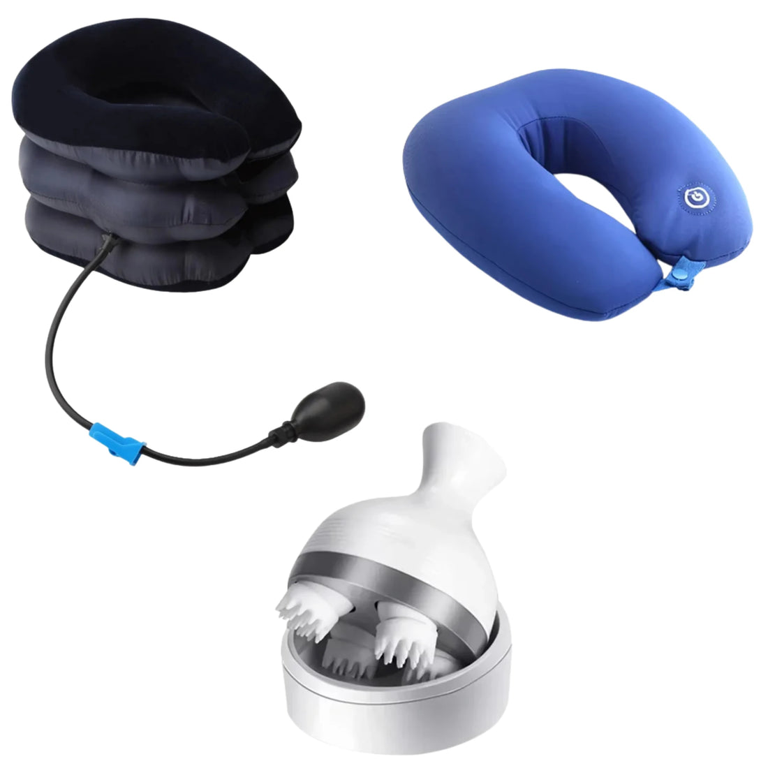 Neck Pain Relief & Relaxation Bundle – Cervical Traction, Travel Neck Massager Pillow & Electric Scalp Massager