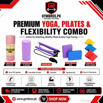 Premium Yoga, Pilates & Flexibility Combo – 8mm TPE Yoga Mat, Foam Roller 13 inches, Pilates Bar, Yoga Bricks Pair & Pack of 3 Thera Bands