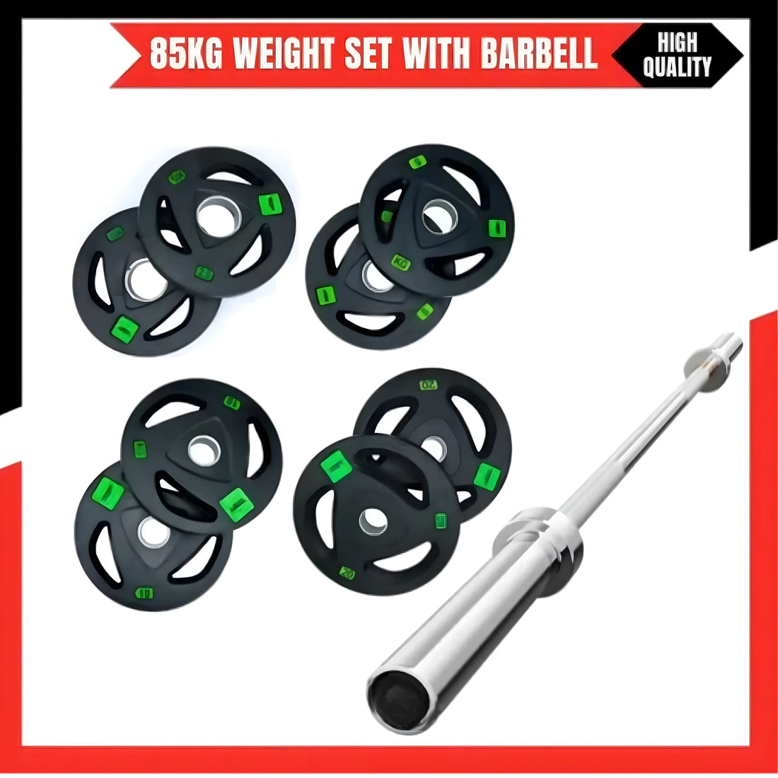 Rubber Weight Plates 85KG Pack with 6FT Olympic Barbell Rod – 2 Inch Plates