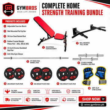 Complete Home Strength Training Bundle (Silver) – Adjustable Bench, Wall Mounted Pull-Up Bar, 5FT Barbell Rod, Rubber Coated Weight Plates, Dumbbell Rod Pair & Gym Gloves for Home Gym Workouts