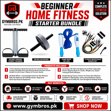 Beginner Home Fitness Starter Bundle – Resistance Bands, Ab Roller Wheel, Digital Jump Rope & Double Spring Tummy Trimmer for Full Body Home Workout