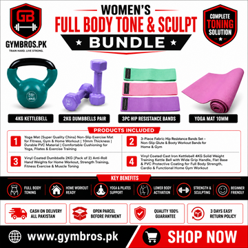 Women’s Full Body Tone & Sculpt Bundle – Yoga Mat, Fabric Hip Bands, 2KG Dumbbells Pair & 4KG Kettlebell for Home Workout