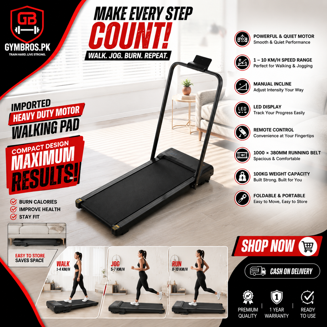 Premium Box Pack Imported Walking Pad Treadmill, Heavy Duty Motor, 1–10 KM/H Speed, Foldable Stand Portable Design, Manual Incline, LED Display, Remote Control, 1000 × 380MM Running Belt, 100KG Capacity, Indoor Walking & Jogging Treadmill for Home Use