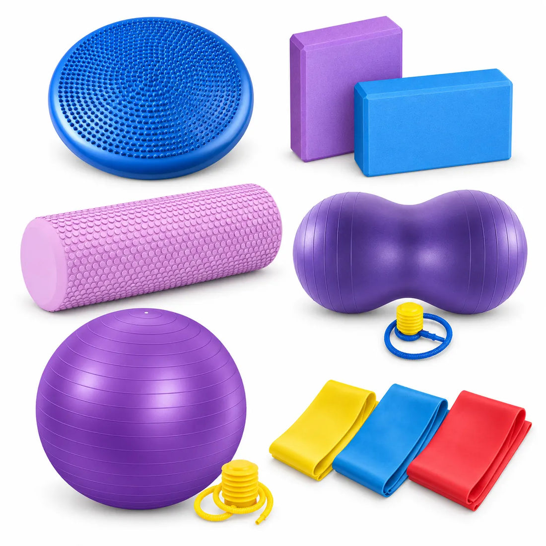 Mega Therapy Bundle – 9-Piece Sensory, Balance & Yoga Exercise Kit | Wobble Cushion, Yoga Bricks, 18-Inch Foam Roller, Peanut Ball, 85cm Gym Ball & Thera Bands
