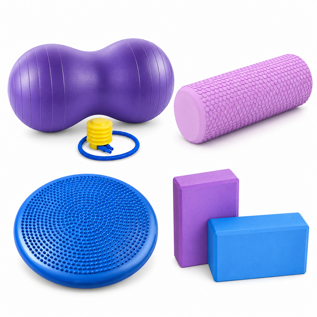 Autism-Friendly Sensory Activity Bundle – Wobble Cushion, 2 Yoga Bricks, 13-Inch Soft Yoga Foam Roller & Peanut Ball
