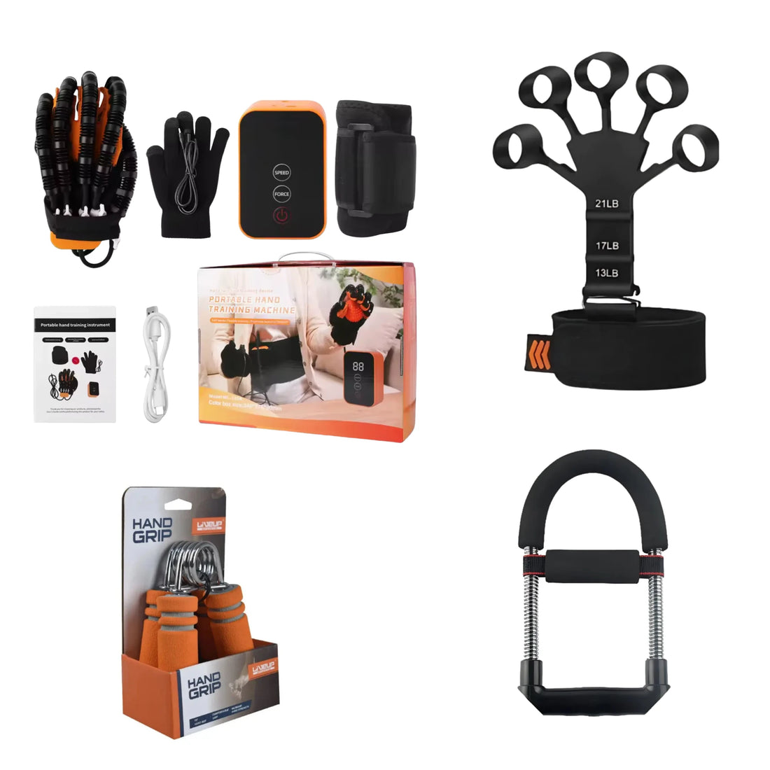 Hand Rehab & Grip Strength Bundle – Robot Glove, LiveUp Hand Grip, Wrist Exerciser & Finger Gripster Pair