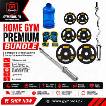 Home Gym Premium Bundle – 5FT Olympic Rod, 2-Inch Diameter Olympic EZ Curl Bar, Olympic Weight Plates 2.5KG, 5KG & 10KG Plates, Gym Gloves & 2.2L Bottle