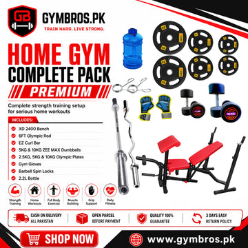 Home Gym Complete Pack Premium – XD 2400 Bench, 6FT Olympic Rod, EZ Curl Bar, 5,10kg ZEE MAX Dumbbells, 2.5, 5, 10kg Olympic Plates, Gym Gloves, Barbell Spin Locks & 2.2L Bottle