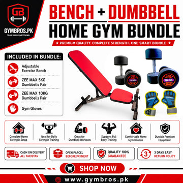 Bench + Dumbbell Home Gym Bundle – Adjustable Exercise Bench, ZEE MAX 5KG & 10KG Dumbbells Pair & Gym Gloves