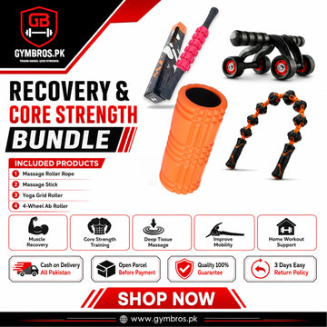 Recovery & Core Strength Bundle – Massage Roller Rope, Massage Stick, Yoga Grid Roller & 4-Wheel Ab Roller