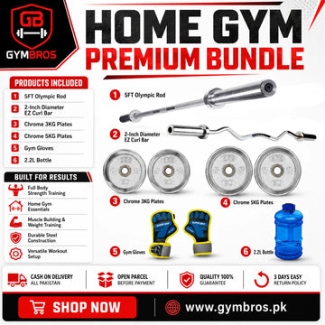Home Gym Premium Bundle  – 5FT Olympic Rod, Olympic 2-Inch dimater EZ Curl Bar, Chrome 3KG & 5KG Plates, Gym Gloves & 2.2L Bottle