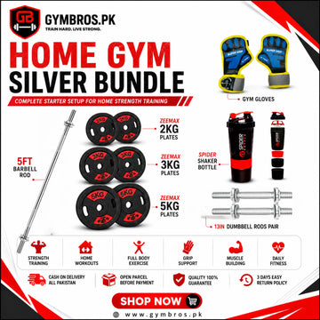 Home Gym Silver Bundle – 5FT Barbell Rod, ZEEMAX 2KG/3KG/5KG Plates, 13in Dumbbell Rods Pair, GymGloves & Spider Shaker Bottle