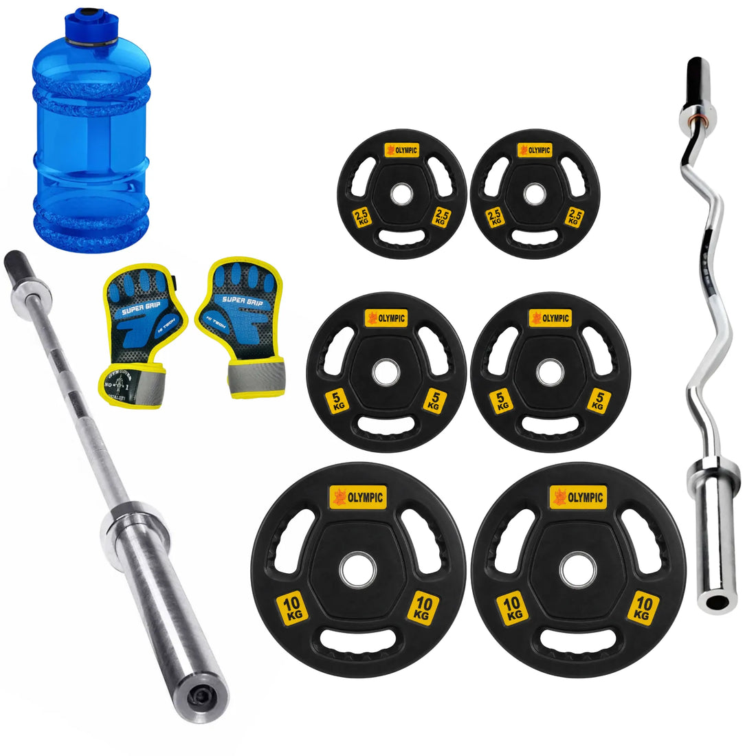 Home Gym Premium Bundle – 5FT Olympic Rod, 2-Inch Diameter Olympic EZ Curl Bar, Olympic Weight Plates 2.5KG, 5KG & 10KG Plates, Gym Gloves & 2.2L Bottle