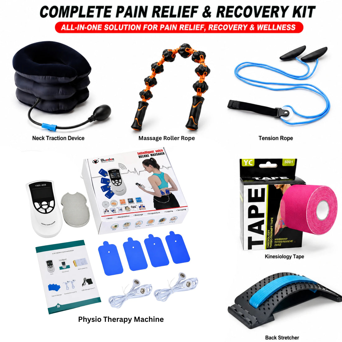 Full Body Pain Relief & Rehab Bundle – Physio Therapy Machine, Neck Traction, Back Stretcher, Shoulder Pulley, Massage Roller Rope & Kinesiology Tape
