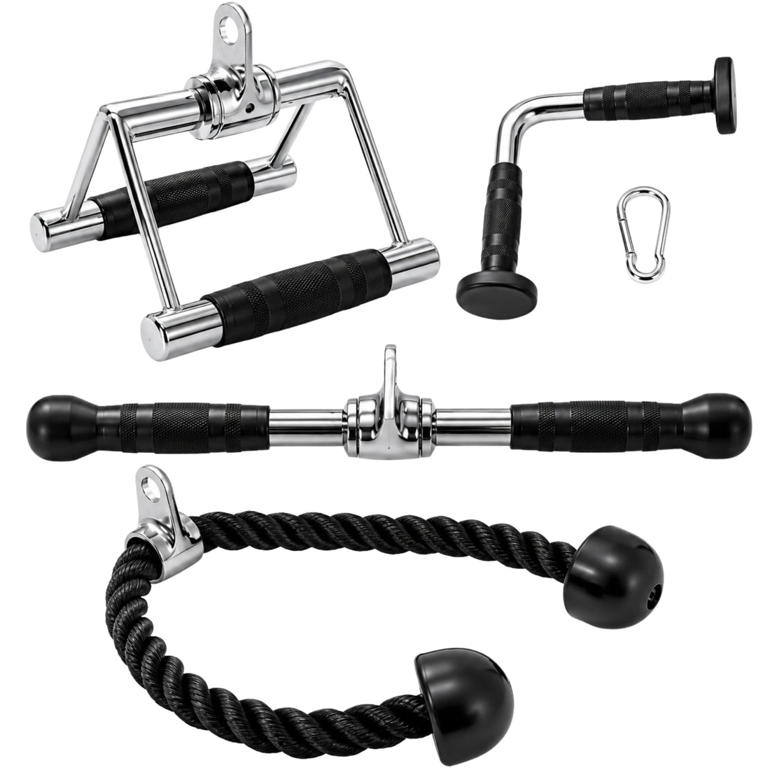 Multi-Function Cable Machine Attachment Set – Tricep Rope, V Handle, Straight Bar & Single D Handle for Home Gym